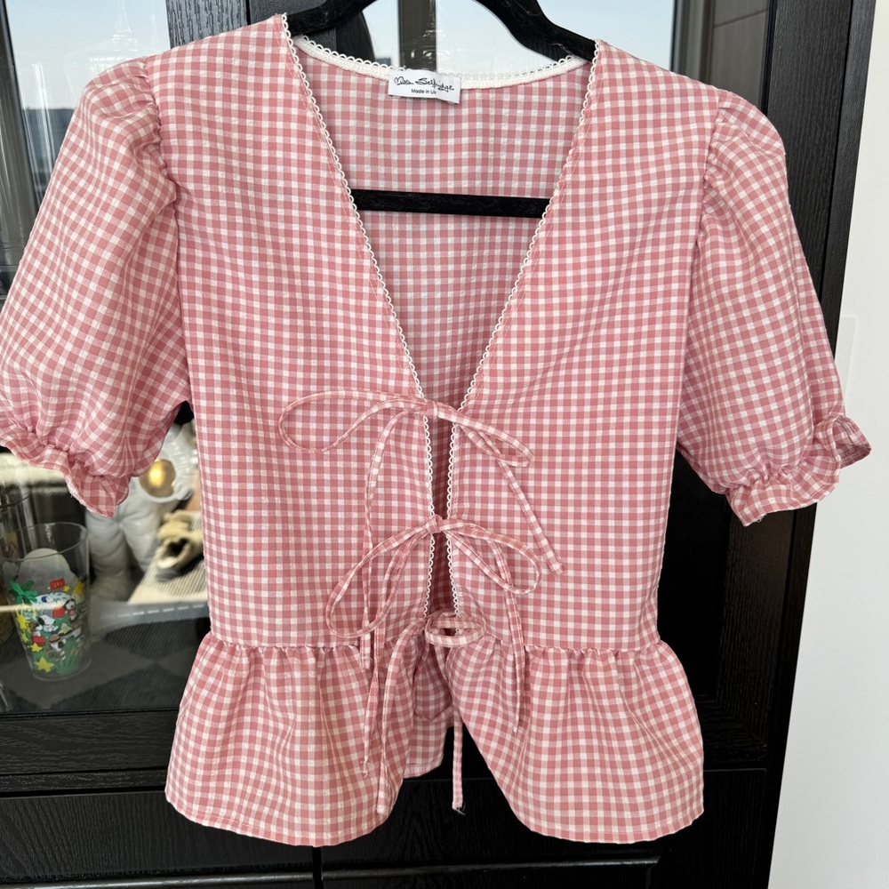 NWOT Pink Tie-Front Gingham Top